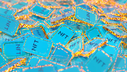 Glowing and shiny digital background with heap of stylized NFT tokens