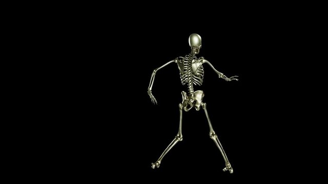 Skeleton dancing. Seamless loop animation on black background, tut Hip Hop, Ghost character, Dancing Skull, Transparent video with luma matte, 3d render
