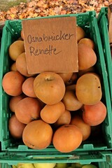 Osnabrücker Renette in einer Obstkiste mit Schild