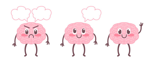 Cute happy brain set illustration. Flat cartoon human organ character mascot icon design.Nutrition, train your brain, mind care, fit, mindfulness, healthy, unhealthy.