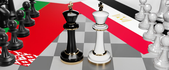 Belarus and Egypt - talks, debate, dialog or a confrontation between those two countries shown as two chess kings with flags that symbolize art of meetings and negotiations, 3d illustration