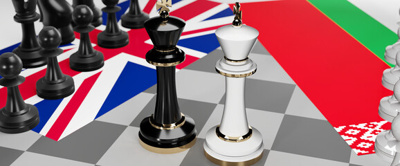 UK England and Belarus - talks, debate, dialog or a confrontation between those two countries shown as two chess kings with flags that symbolize art of meetings and negotiations, 3d illustration