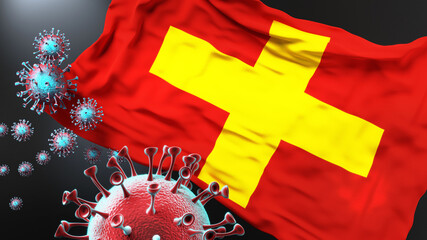 Ancona and covid pandemic - virus attacking a city flag of Ancona as a symbol of a fight and struggle with the virus pandemic in this city, 3d illustration