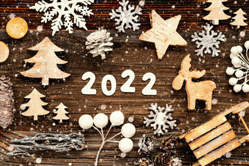 Rustic Wooden Christmas Decoration, 2022, Tree, Fir Cone And Sled, Snowflakes