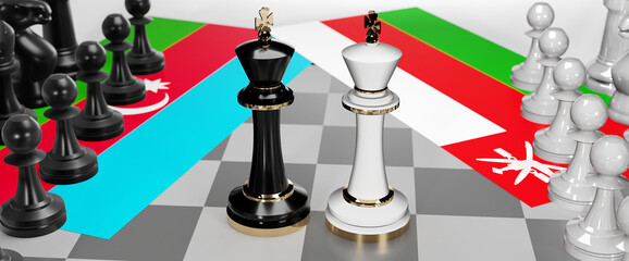 Azerbaijan and Oman - talks, debate, dialog or a confrontation between those two countries shown as two chess kings with flags that symbolize art of meetings and negotiations, 3d illustration