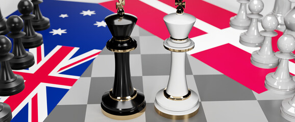 Australia and Denmark - talks, debate, dialog or a confrontation between those two countries shown as two chess kings with flags that symbolize art of meetings and negotiations, 3d illustration