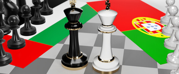 United Arab Emirates and Portugal - talks, debate or dialog between those two countries shown as two chess kings with national flags that symbolize subtle art of diplomacy, 3d illustration