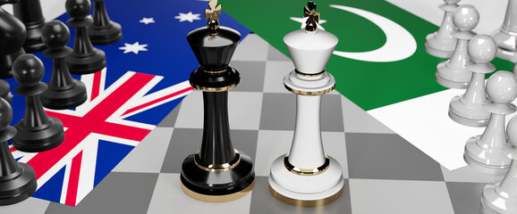 Australia and Pakistan - talks, debate, dialog or a confrontation between those two countries shown as two chess kings with flags that symbolize art of meetings and negotiations, 3d illustration