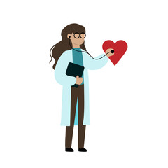 Female doctor with stethoscope listening to heart beat, conceptual heart monitoring vector illustration