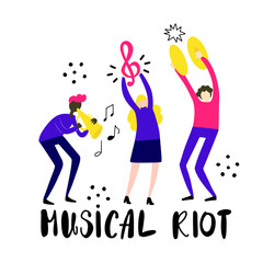 People dancing and playing on musical instruments, having fun. Lettering text Musical riot. Cartoon style vector illustration