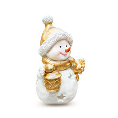 Cute smiling Christmas snowman with gold hat, scarf and lantern. Home decor for holiday. Isolated on white background with soft shadow.