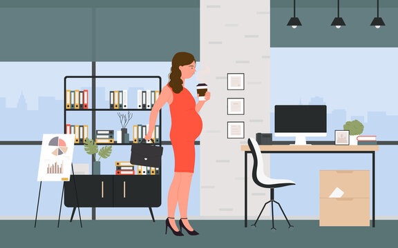 Beautiful smiling pregnant business woman in office interior vector illustration. Cartoon female character with belly wearing dress, holding briefcase and coffee, starting working day background