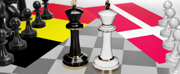 Belgium and Denmark - talks, debate, dialog or a confrontation between those two countries shown as two chess kings with flags that symbolize art of meetings and negotiations, 3d illustration