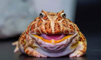 The argentine horned frog yellow with brown stripes. The frog sat still on black surface or background.