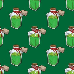 Seamless vector pattern of alchemy bottle on green background