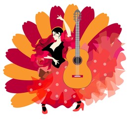 A girl dancing flamenco and an acoustic guitar on the background of a huge open fan. Postcard, concert poster. Bright vector illustration. - obrazy, fototapety, plakaty