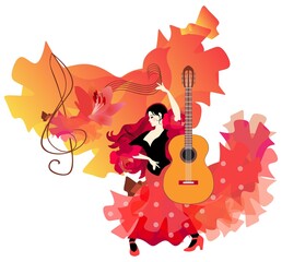 Poster with flamenco dancer. Young Spanish or gypsy girl in long red dress is dancing against background of bright mantone flying like a bird. Acoustic guitar and stave treble clef complete picture. - 469984566
