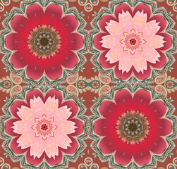Seamless pattern with huge burgundy open tulips and pink mandalas with paisley ornament surrounded by small green leaves. Sample for bright fabric in oriental style. Ornament for floor or wall carpet.