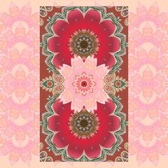 Bright pattern with flowers, mandalas and paisley on an ornate pink ornamental background. Fashionable print for a scarf in ethnic style. Vector illustration.