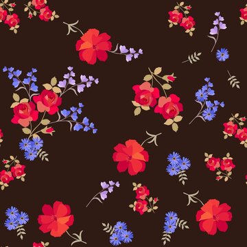 Bright bouquets of red roses and tender lilac bluebells, huge red cosmos and small blue flowers on a deep brown background. Seamless ornament in Spanish style. Print for fabric. Vector illustration.