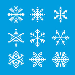 Fototapeta na wymiar Snowflake winter set of white isolated icon silhouette on blue background. Vector illustration