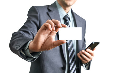 Hand of businessman in suit holds business card mockup, selective focus, isolated on white background