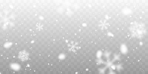 Christmas snow. Falling snowflakes on transparent background. Snowfall. Vector illustration