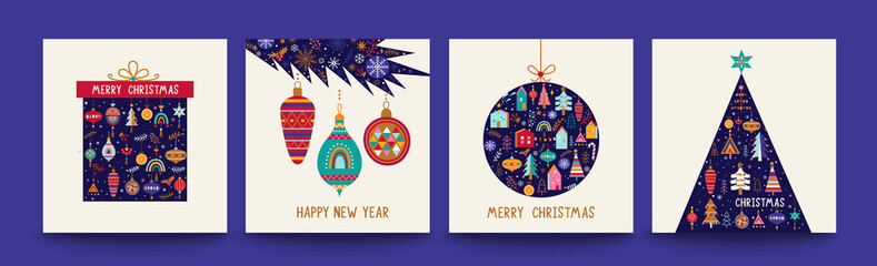 Christmas cards with paper cut gift box,christmas ball,fur-tree full of hand drawn christmas elements-houses,baubles,trees with toys.Template design for covers,invitations,posters,banners,flyer.Vector