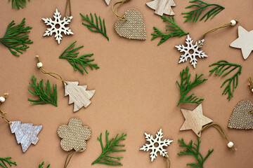Christmas decorations made of eco-friendly materials. toys made of wood, paper, cardboard. sustainable lifestyle