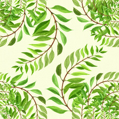 Branch with leaves on a watercolor background. Floral watercolor. Seamless patterns. Plant pattern. Use printed materials, signs, items, websites, maps, posters, postcards, packaging.