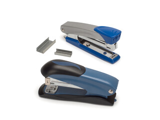 Top view of two staplers and staples isolate on white background.