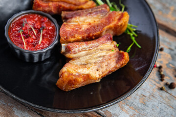 ribs pork fried beef grill food  spicy fresh meal snack on the table copy space food background  