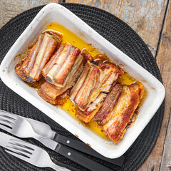 ribs pork fried beef grill food  spicy fresh meal snack on the table copy space food background  