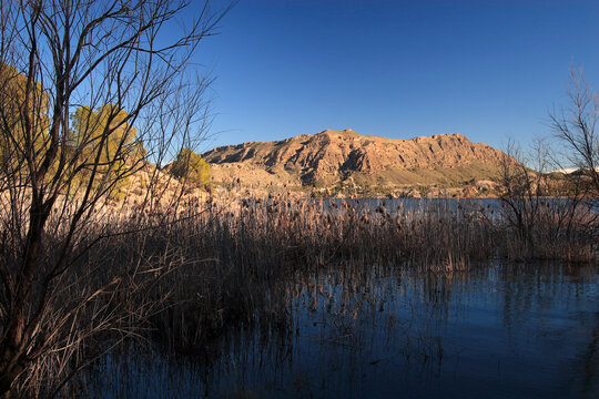 Embalse de Alfonso XIII o del Qu&iacute;par, Calasparra (Murcia-Espa&ntilde;a). Pantano con carrizos y monta&ntilde;a al fondo.