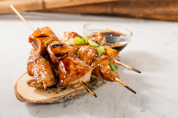 Chicken fillet kebabs close-up. Grilled yakitori.