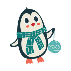 Penguin in a scarf and a Christmas ball in a wing-hand. Christmas and New Year vector illustration. Cartoon character