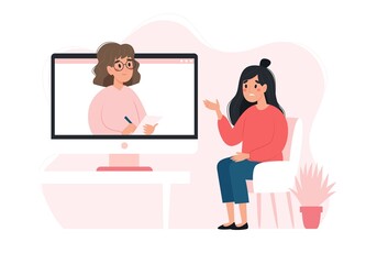 Psychotherapy online - woman talking to psychologist on the screen. Mental health concept, vector illustration in flat style