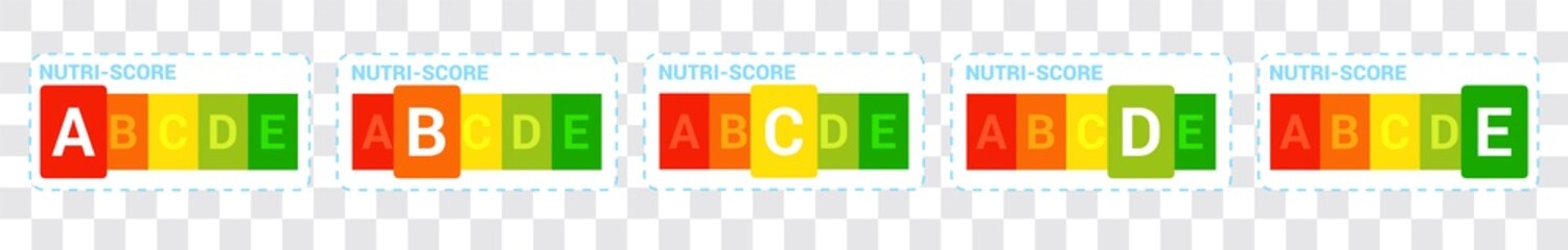 Nutriscore stickers set Nutri-Score panel system sign Health care symbol logo for packaging design Packaging label Vector illustration