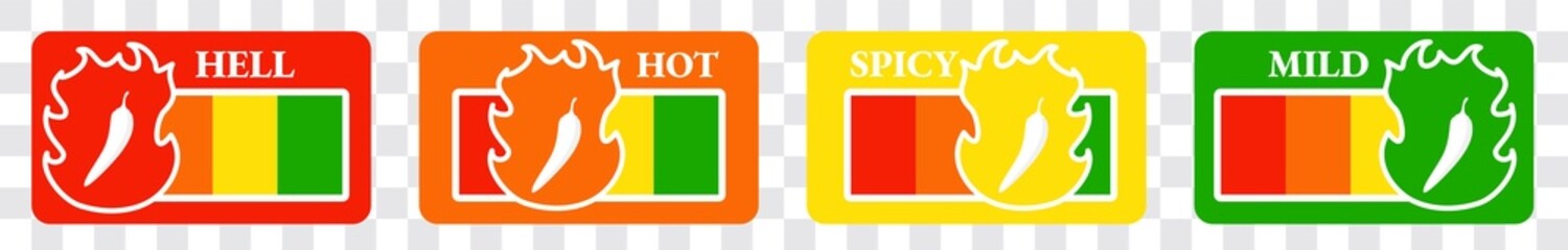 Spicy hot chili pepper icons set with flame and rating of spicy Mild, medium hot and extra hot level of pepper sauce or snack food Chili pepper or chile habanero and jalapeno level Hot pepper sign