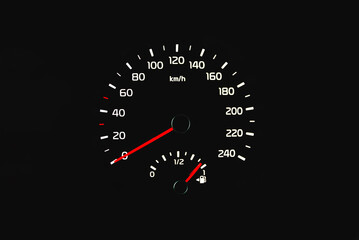 Speedometer in a car. Car dashboard. Dashboard details with indication lamps.Car instrument panel. Dashboard with speedometer shows 0 km/h. Modern interior of car.