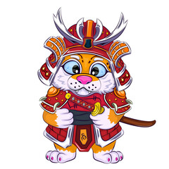 Cartoon samurai tiger.
Colorful illustration of a tiger in samurai armor. Symbol of 2022. Unique design, Children's illustration. Use the product for printing on clothing, accessories.