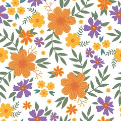 Seamless vintage pattern. Wonderful orange, yellow and purple flowers.Green leaves. White background. vector texture. fashionable print for textiles.