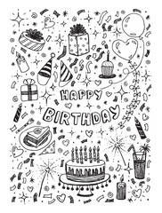 happy birthday with black linear on white background