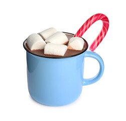 Cup of delicious hot chocolate with marshmallows and candy cane isolated on white