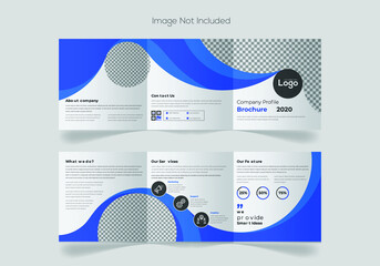 Blue Trifold Brochure Layout with TrianglesBrochure template layout design, minimal multipage business brochure template design, annual report, corporate company profile, editable template layout.