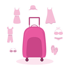 Bright pink suitcase on wheels, things for travel. Vector illustration.