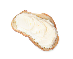 Slice of bread with tasty cream cheese isolated on white, top view