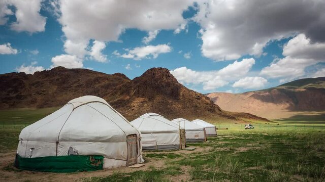 Timelapse view of traditional Mongolian yurts at a ger camp outside Ulan Bator in Mongolia. 