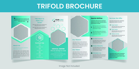 Tri fold brochure design. A4 abstract business brochure template. Corporate blue marketing flyer template with image.