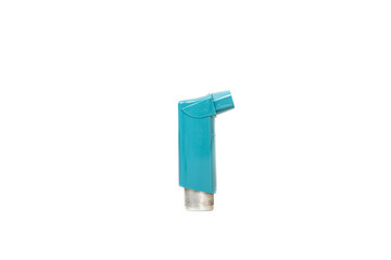 Close up of a blue asthma inhaler isolated on the white background